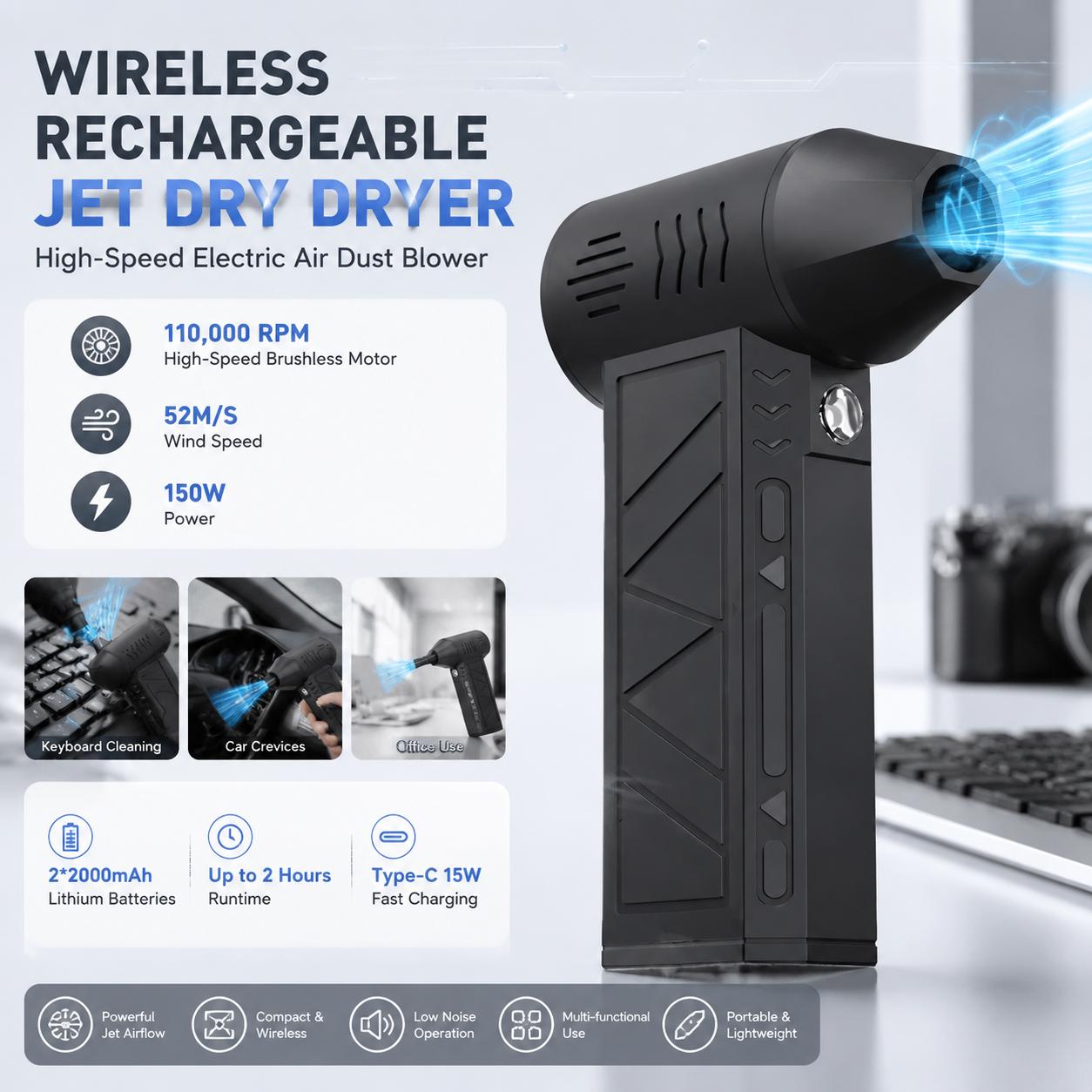 The Office Tech - เครื่องเป่าลมไฟฟ้า 110000 รอบต่อนาที เครื่องเป่าฝุ่นไร้สาย 3 ระดับความเร็ว